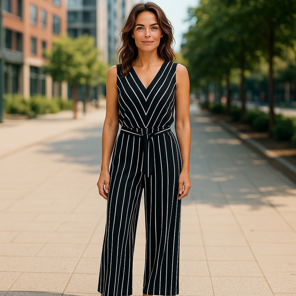 CHICO NWT SIZE 2 Black and White Striped Jumpsuit! Perfect for travel